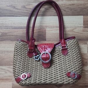 BRIGHTON Red Embossed Leather And Woven‎ Straw Purse Multi-Pocket